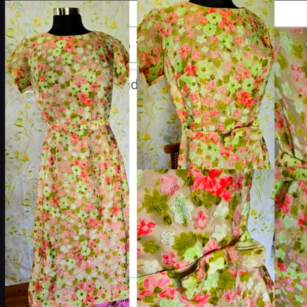 1960s  Midi Dress Mint Green and Pink High Neck 30 waist 38 bust 40 hip